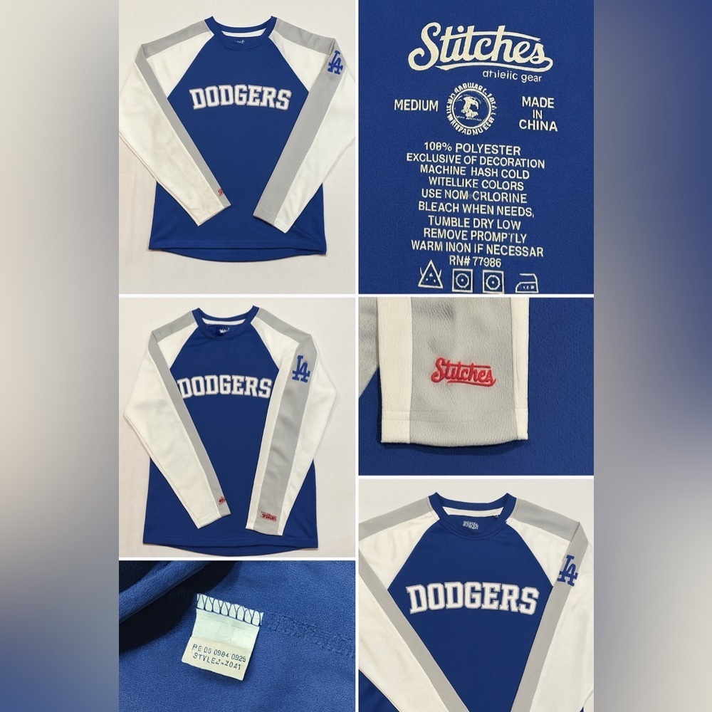 LA Dodgers Long Sleeve Jersey • Stitches Athletic Gear Blue White Gray Baseball